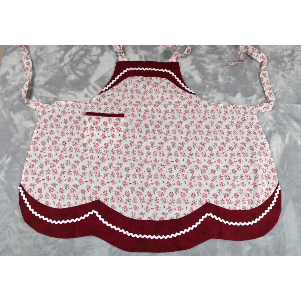 Handmade Full Bib Apron Lightweight White w/ Pink Flowers Burgundy  Cottagcore
